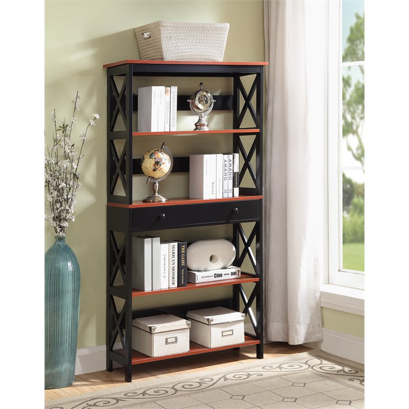 Pemberly Row Five-Tier Bookcase in Cherry and Black Wood Finish