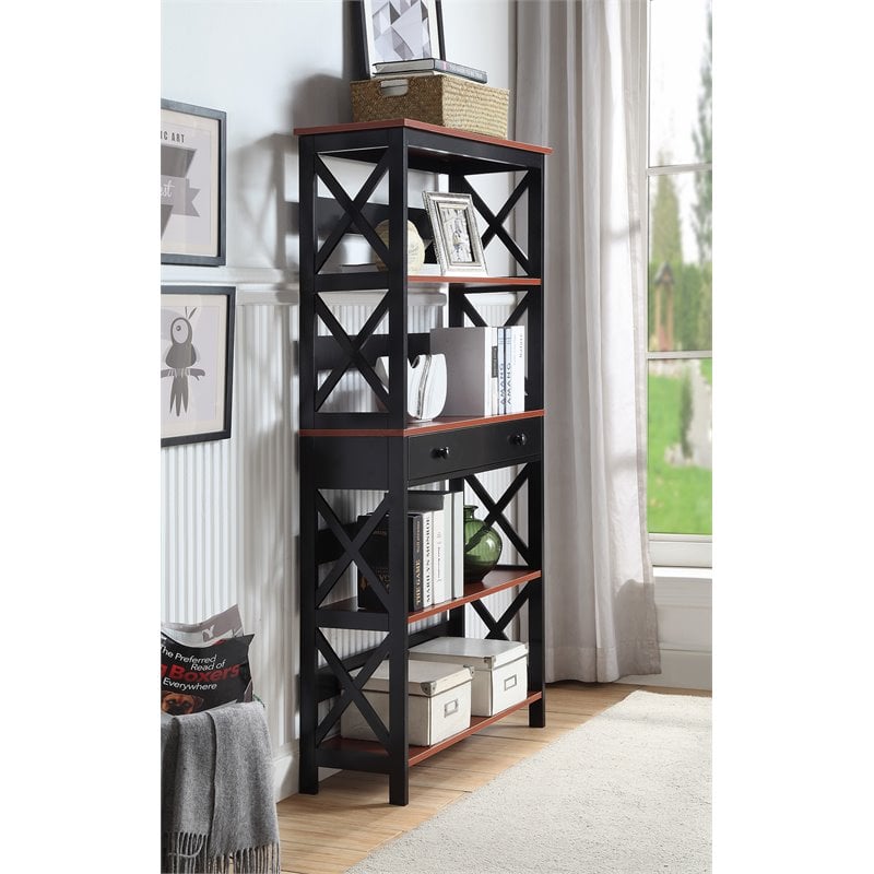 Pemberly Row Five-Tier Bookcase in Cherry and Black Wood Finish