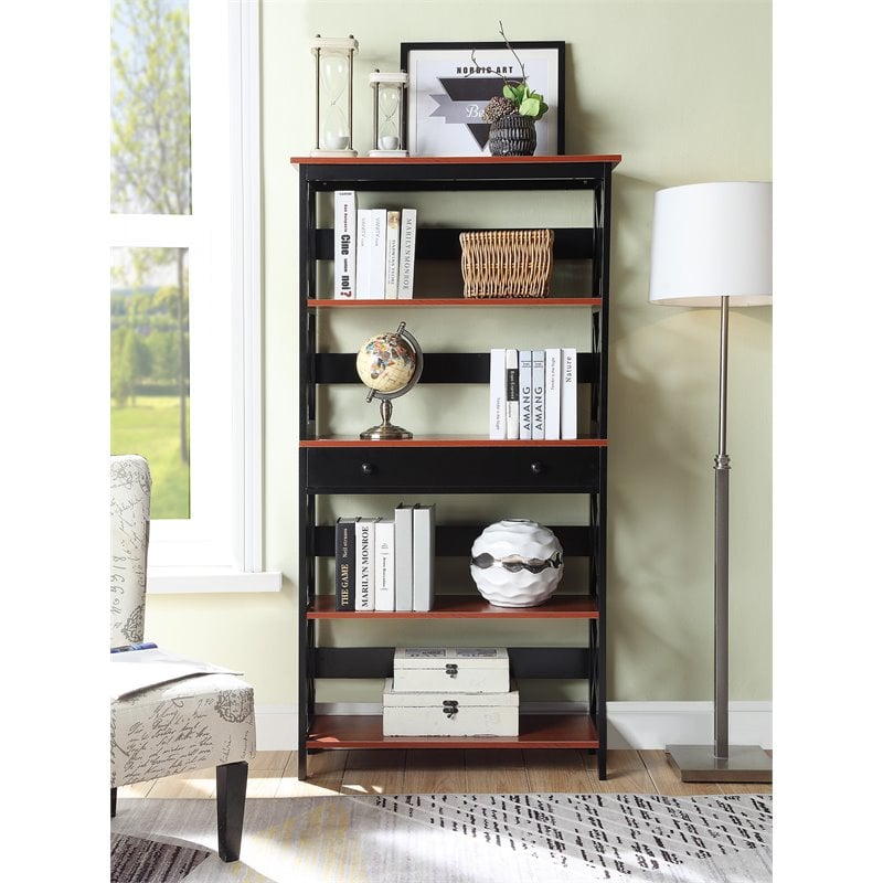 Pemberly Row Five-Tier Bookcase in Cherry and Black Wood Finish