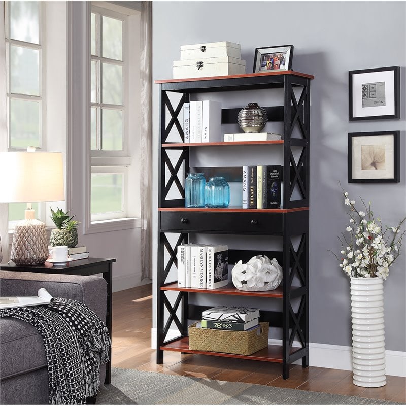 Pemberly Row Five-Tier Bookcase in Cherry and Black Wood Finish