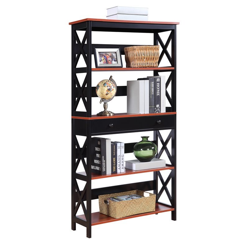 Pemberly Row Five-Tier Bookcase in Cherry and Black Wood Finish
