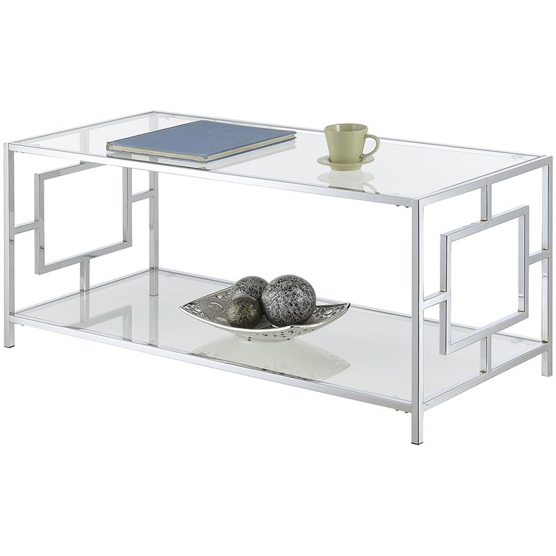 Pemberly Row Modern Glass Top Coffee Table in Chrome Metal Frame