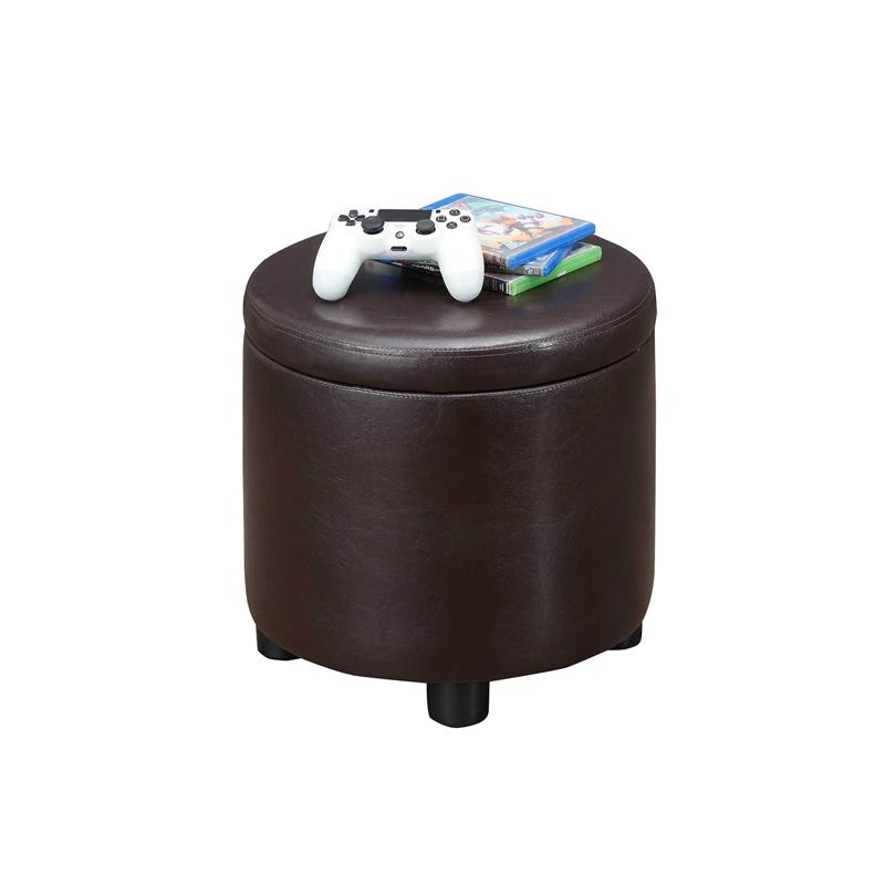 Pemberly Row Round Accent Storage Ottoman in Espresso Faux Leather
