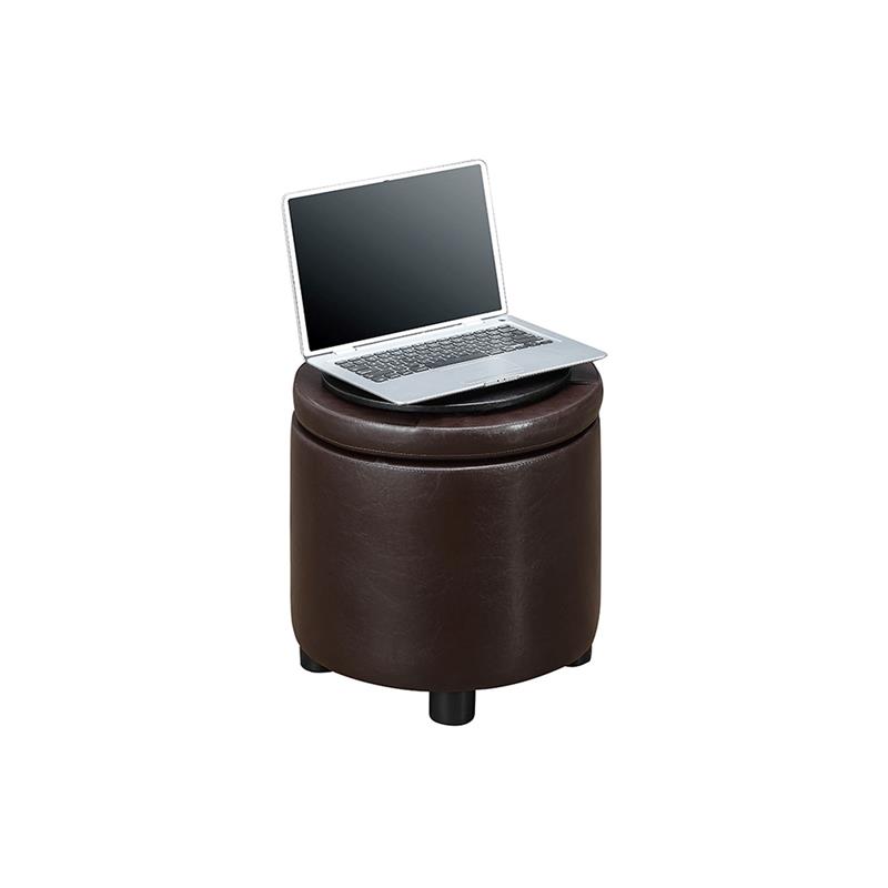 Pemberly Row Round Accent Storage Ottoman in Espresso Faux Leather