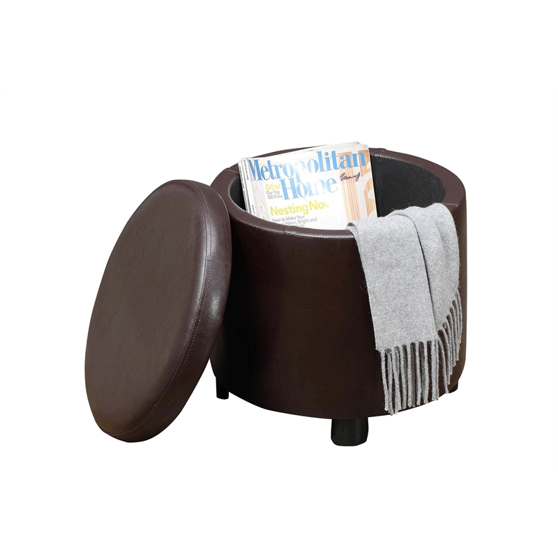 Pemberly Row Round Accent Storage Ottoman in Espresso Faux Leather