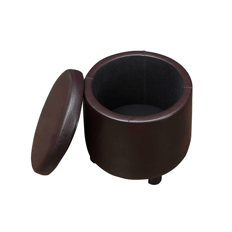 Pemberly Row Round Accent Storage Ottoman in Espresso Faux Leather
