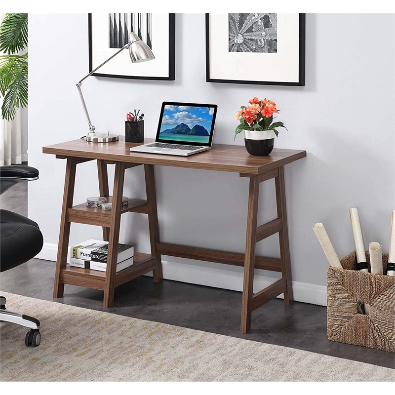 Pemberly Row Modern Trestle Writing Desk in Cappuccino Wood Finish