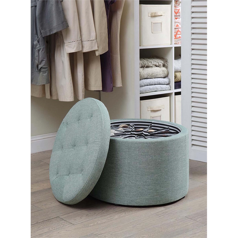 Pemberly Row Contemporary Round Shoe Ottoman in Green Fabric