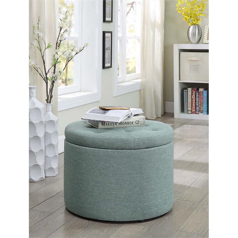 Pemberly Row Contemporary Round Shoe Ottoman in Green Fabric