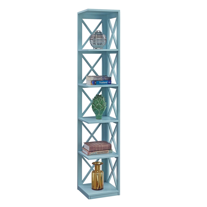 Pemberly Row Five-Tier Corner Bookcase in Seafoam Wood Finish