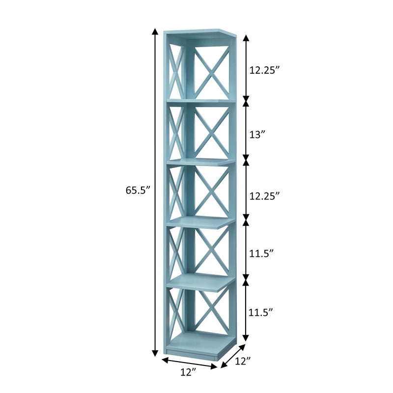 Pemberly Row Five-Tier Corner Bookcase in Seafoam Wood Finish