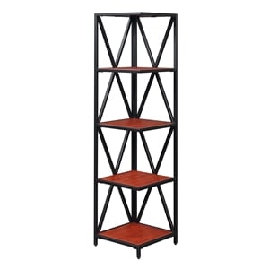 Pemberly Row Black Metal Five-Tier Corner Bookcase in Cherry Wood