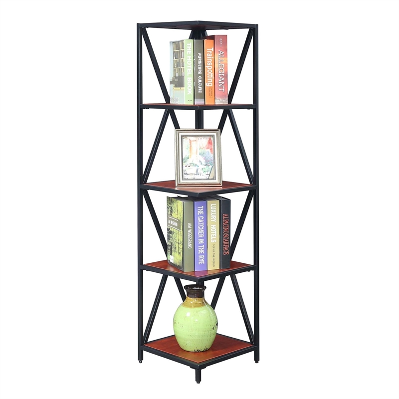 Pemberly Row Black Metal Five-Tier Corner Bookcase in Cherry Wood