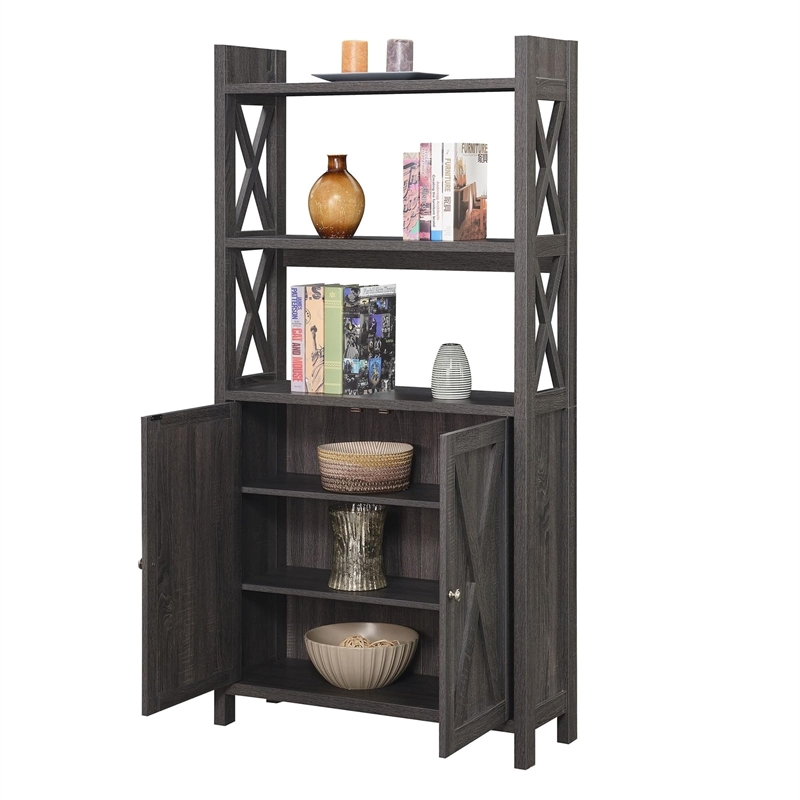Pemberly Row Black Metal Five-Tier Corner Bookcase in Cherry Wood