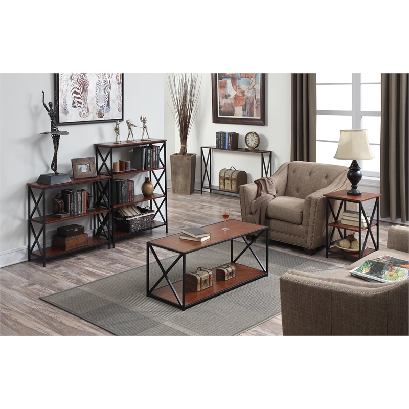 Pemberly Row Modern Black Metal Square Coffee Table in Cherry Wood