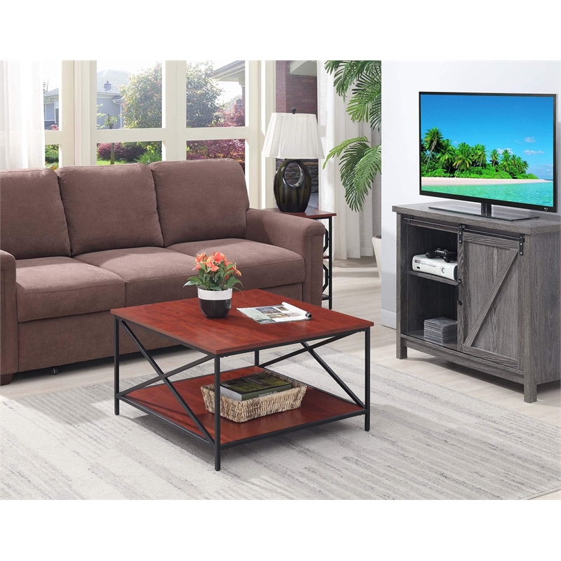 Pemberly Row Modern Black Metal Square Coffee Table in Cherry Wood