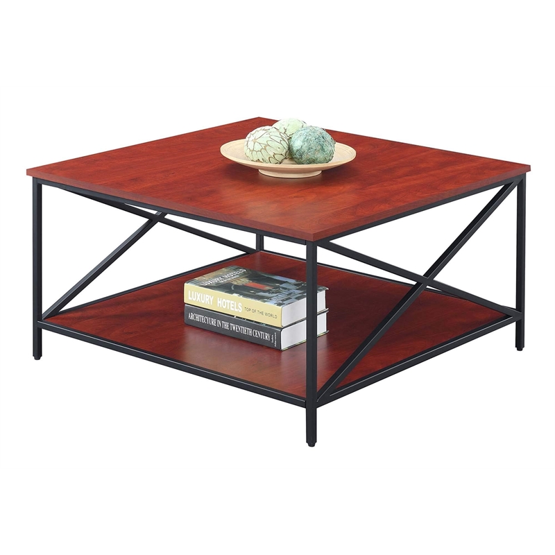 Pemberly Row Modern Black Metal Square Coffee Table in Cherry Wood
