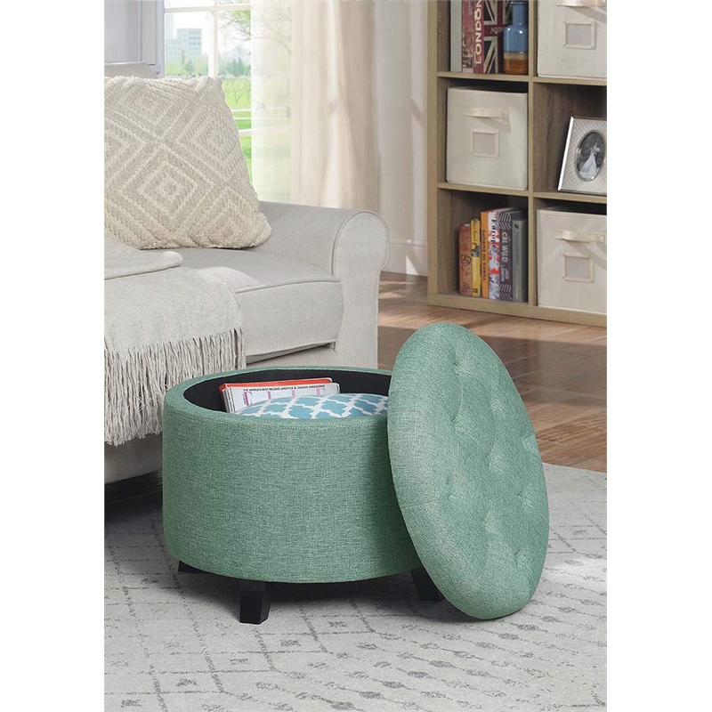 Pemberly Row Contemporary Round Ottoman in Mint Green Fabric
