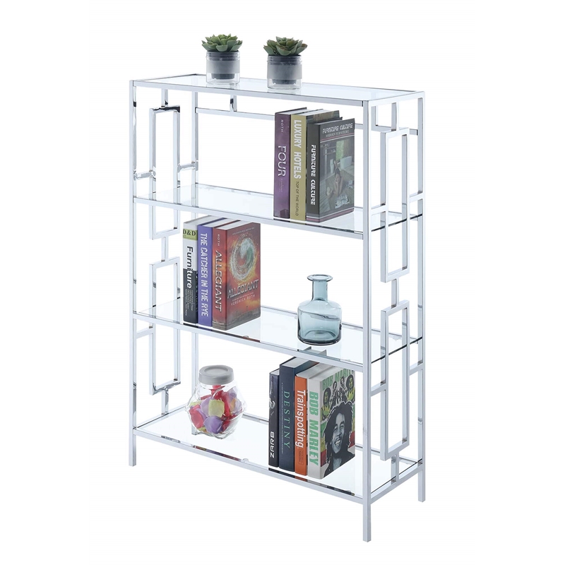 Pemberly Row Four-Tier Bookcase in Clear Glass and Chrome Metal Frame