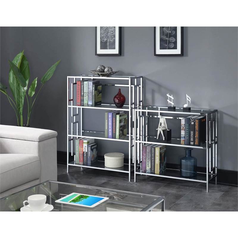 Pemberly Row Four-Tier Bookcase in Clear Glass and Chrome Metal Frame