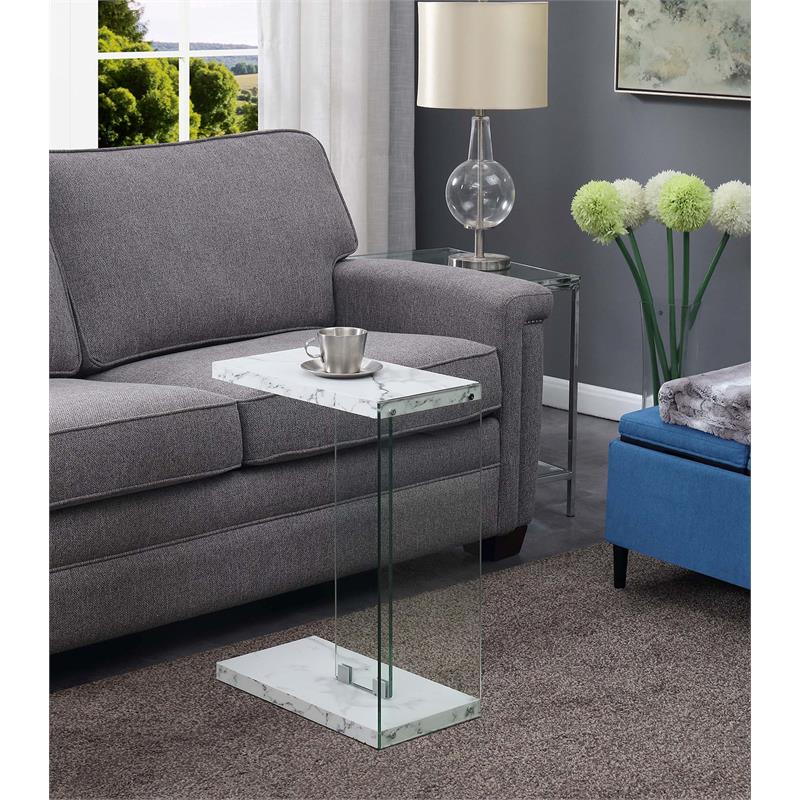 Pemberly Row Modern C End Table in White Faux Marble Wood Finish