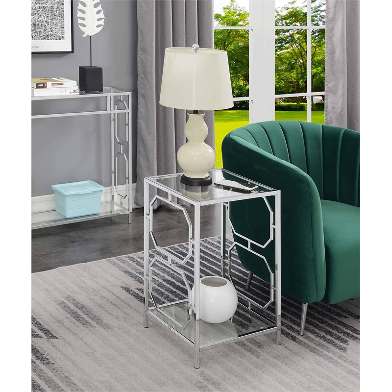 Pemberly Row Chrome End Table in Clear Glass with Chrome Frame