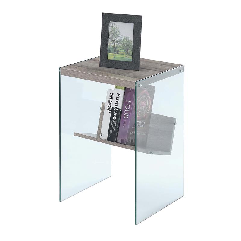 Pemberly Row Modern End Table in Driftwood Finish and Glass Sides