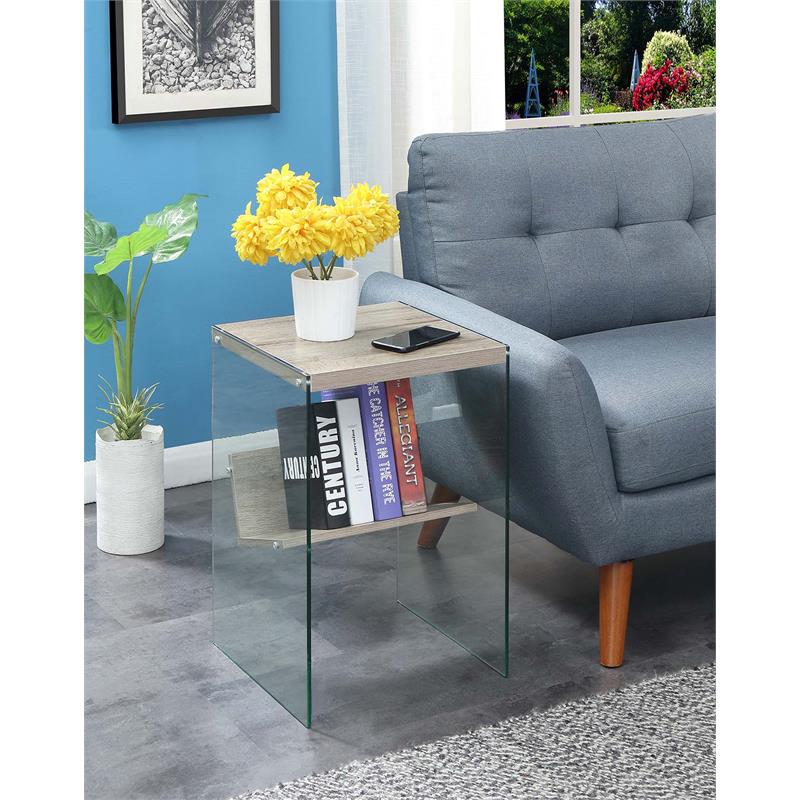 Pemberly Row Modern End Table in Driftwood Finish and Glass Sides