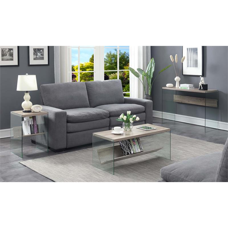 Pemberly Row Modern End Table in Driftwood Finish and Glass Sides
