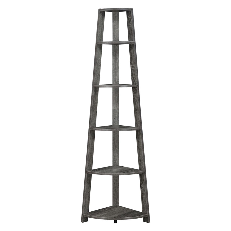Pemberly Row Modern Five-Tier Corner Bookcase in Gray Wood Finish