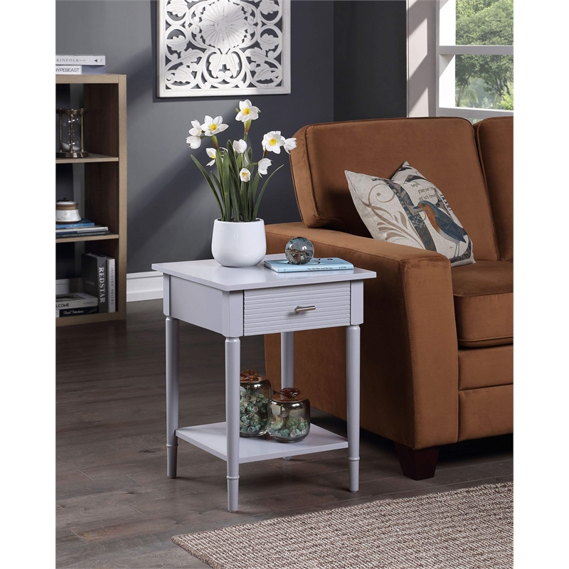 Pemberly Row End Table in Gray Wood Finish with Drawer and Shelf