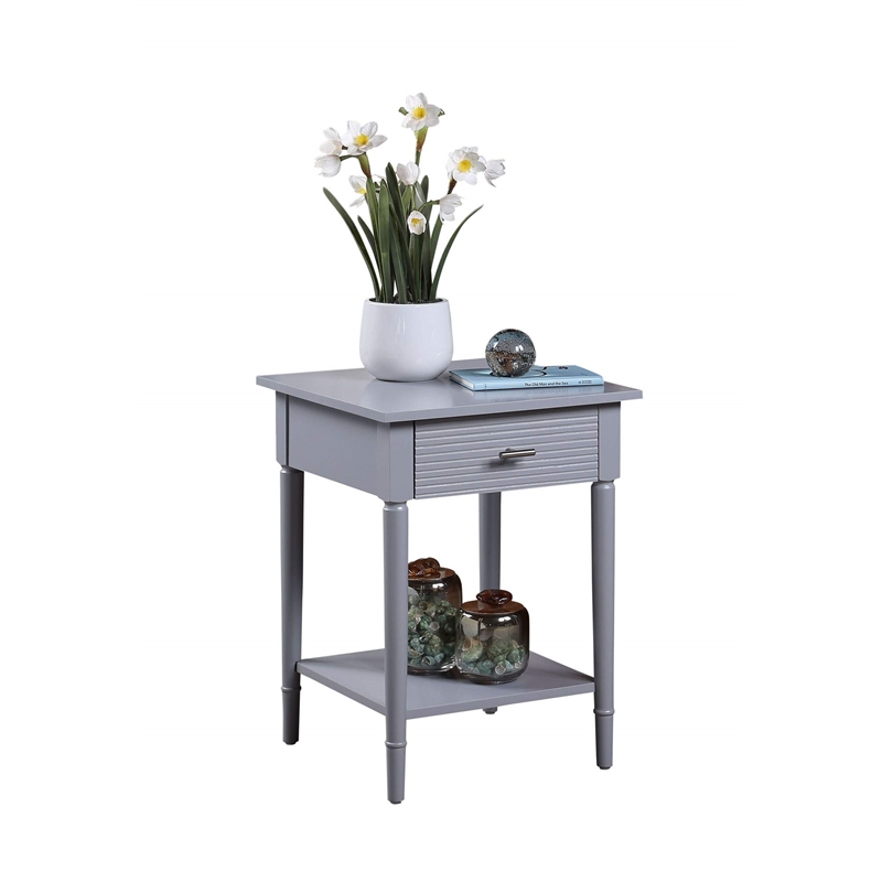 Pemberly Row End Table in Gray Wood Finish with Drawer and Shelf