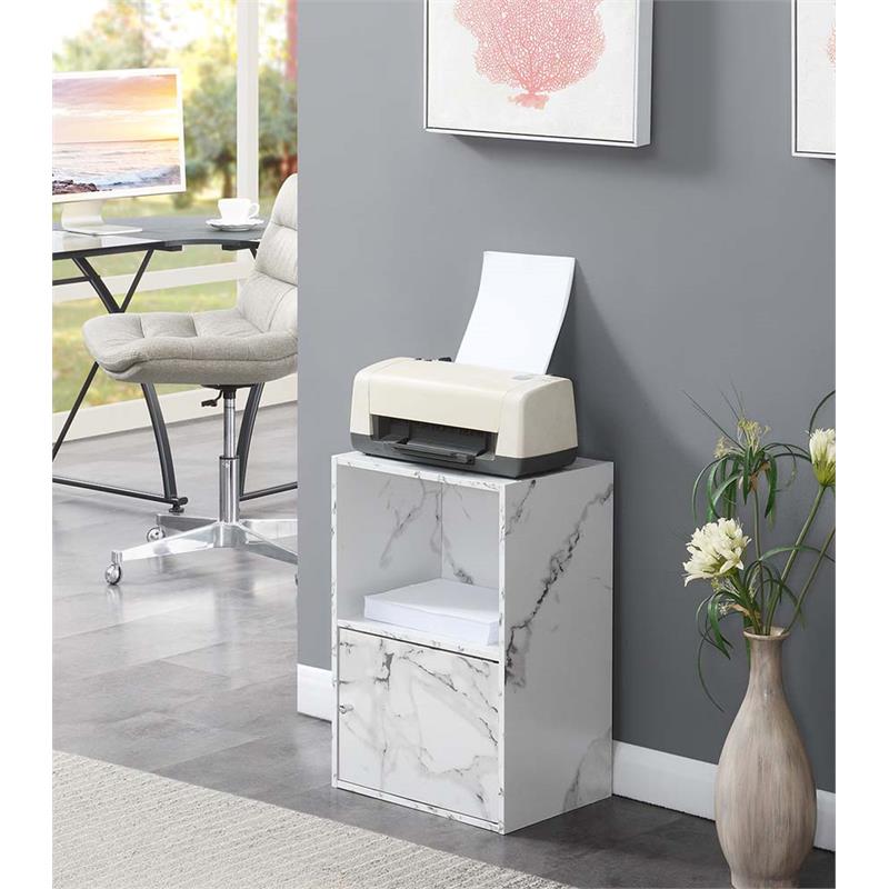 Pemberly Row Storage 1 Door Cabinet in White Faux Marble Wood Finish