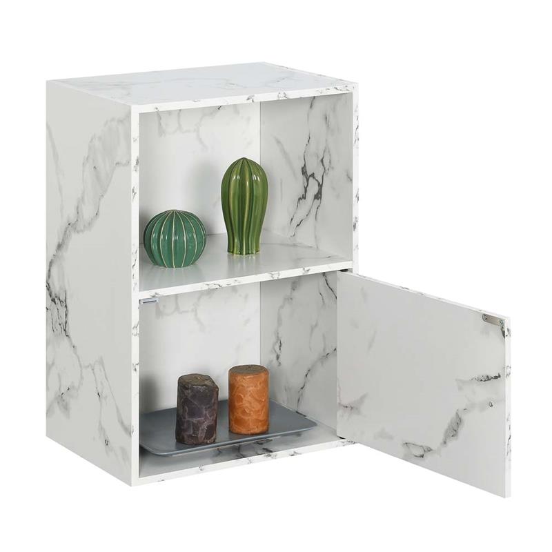 Pemberly Row Storage 1 Door Cabinet in White Faux Marble Wood Finish