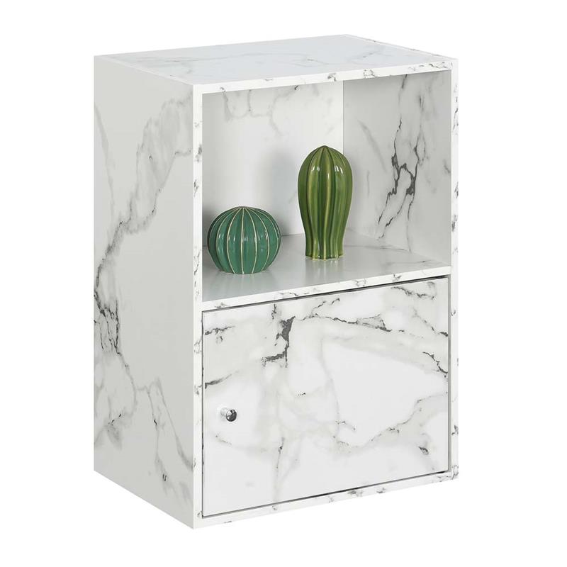 Pemberly Row Storage 1 Door Cabinet in White Faux Marble Wood Finish