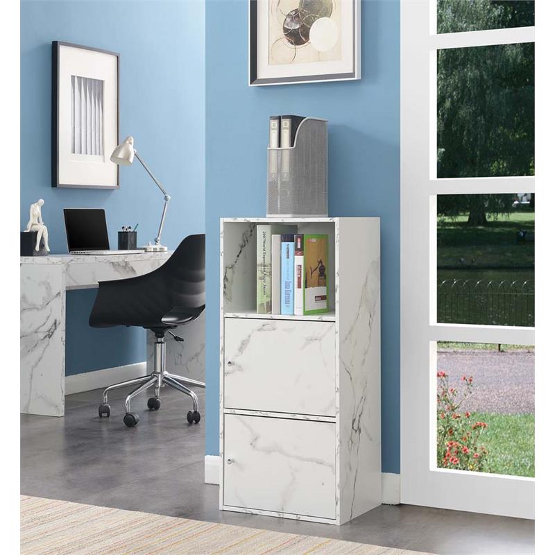 Pemberly Row Storage 2 Door Cabinet in White Faux Marble Wood Finish
