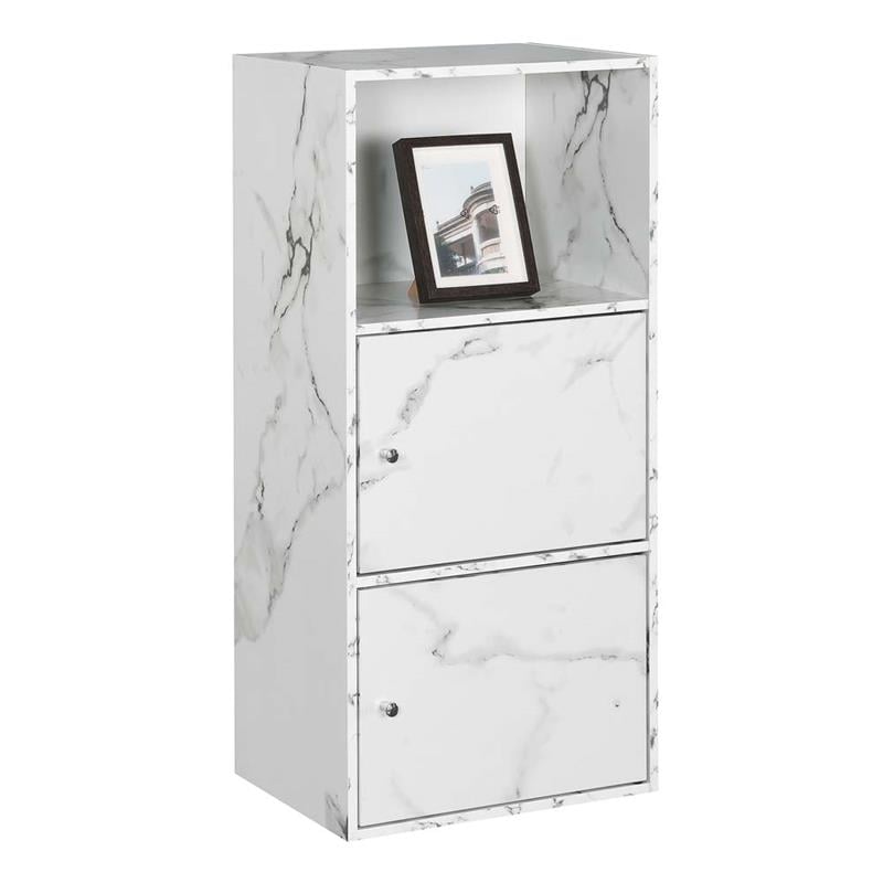 Pemberly Row Storage 2 Door Cabinet in White Faux Marble Wood Finish