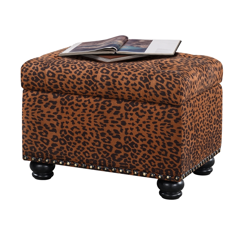 Pemberly Row Modern Storage Ottoman in Leopard Multi-Color Fabric