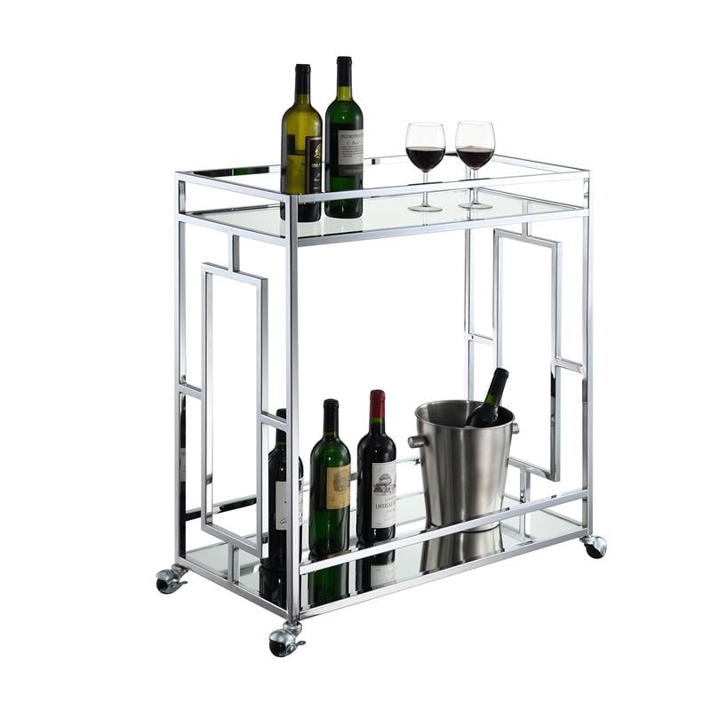 Pemberly Row Modern Bar Cart in Clear Glass and Chrome Metal Frame