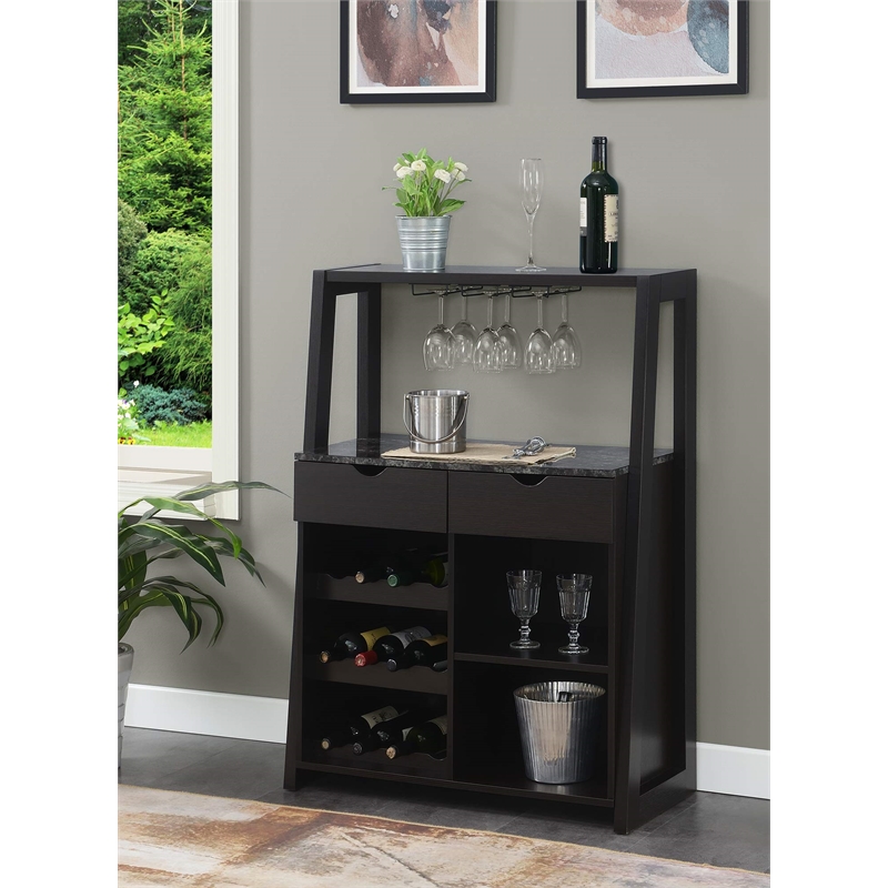 Pemberly Row Modern Wine Bar with Cabinet in Espresso Wood Finish