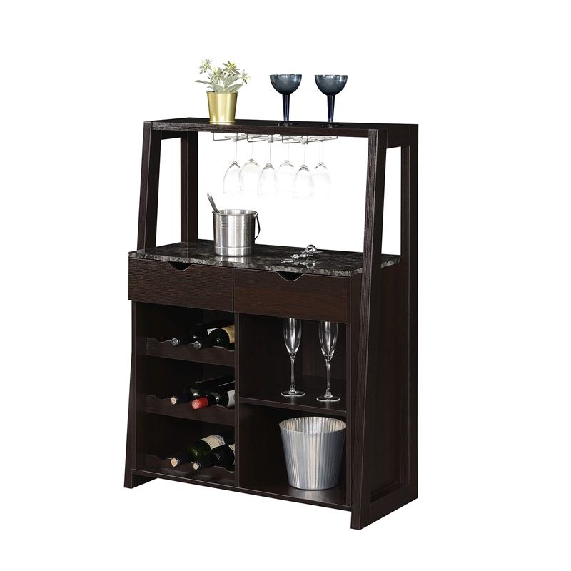 Pemberly Row Modern Wine Bar with Cabinet in Espresso Wood Finish