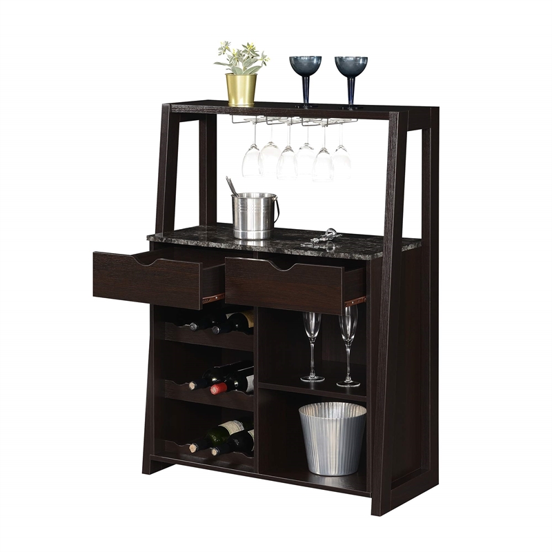 Pemberly Row Modern Wine Bar with Cabinet in Espresso Wood Finish