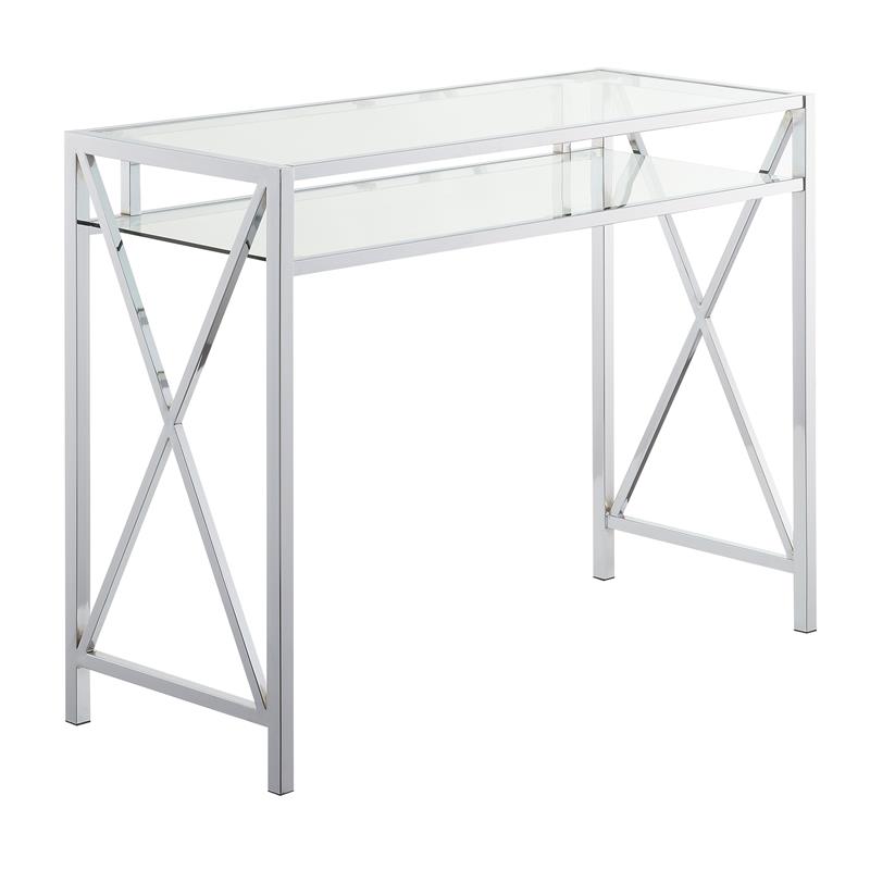 Pemberly Row 42-Inch Desk in Clear Glass and Chrome Metal Frame