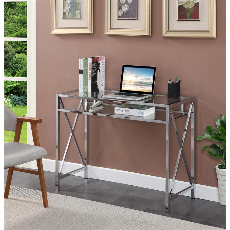 Pemberly Row 42-Inch Desk in Clear Glass and Chrome Metal Frame
