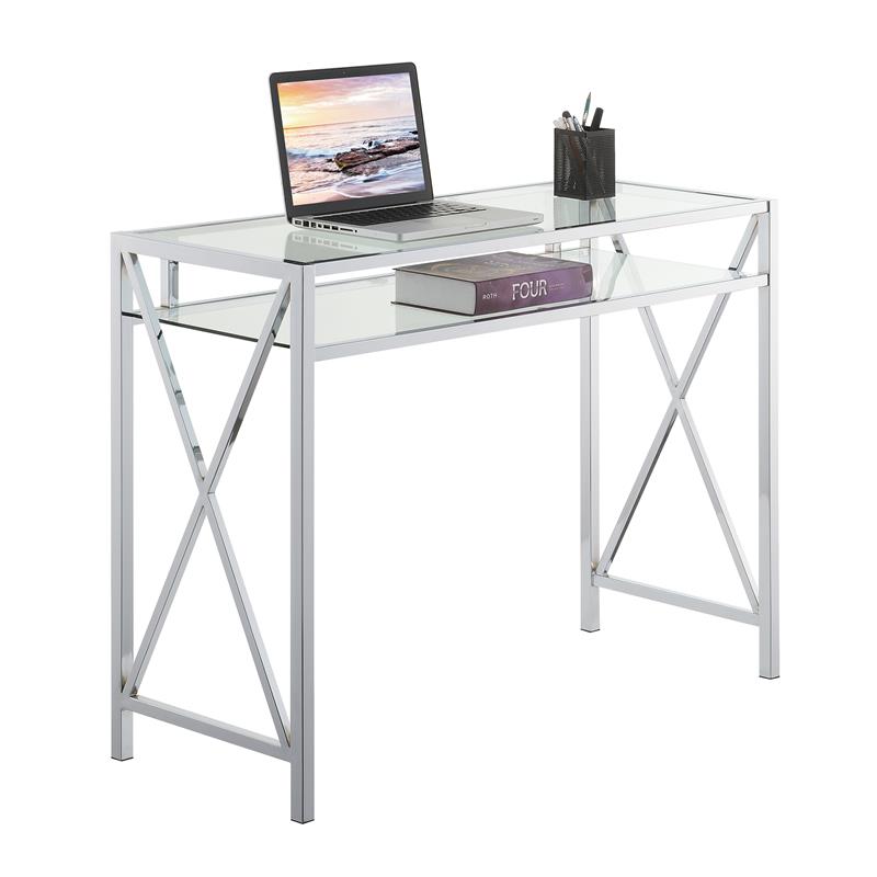 Pemberly Row 42-Inch Desk in Clear Glass and Chrome Metal Frame