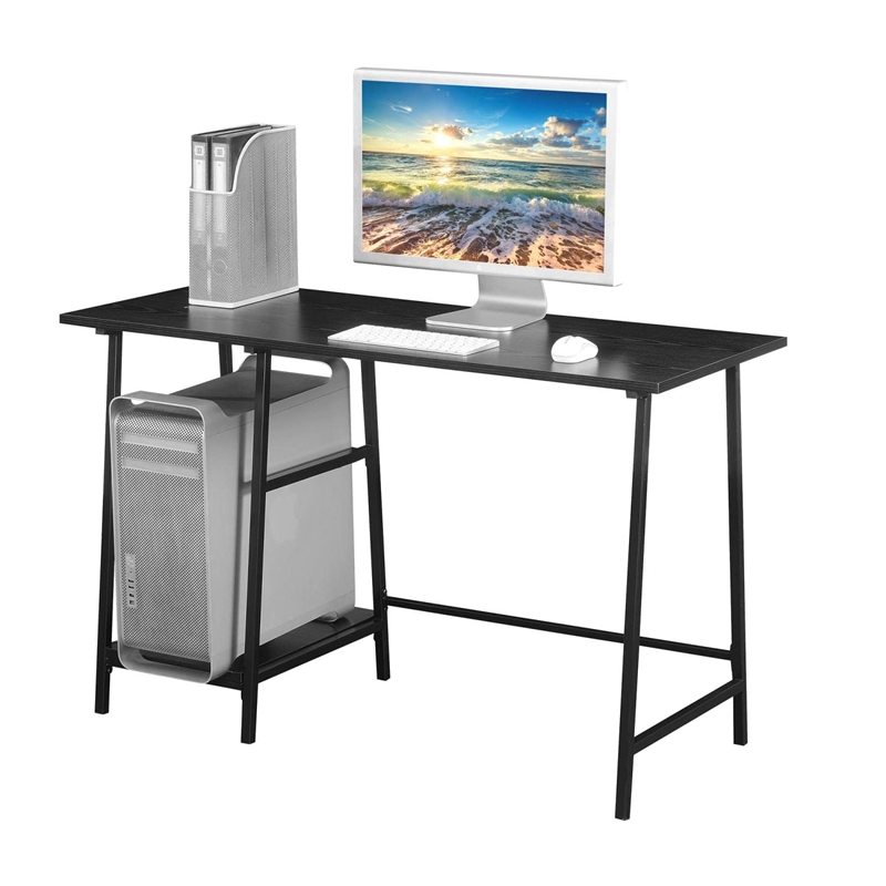 Pemberly Row Modern Trestle Wood Metal Desk in Black Wood Grain