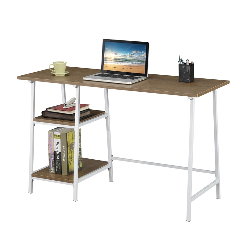 Pemberly Row Trestle Desk in Caramel Driftwood and White Metal Frame