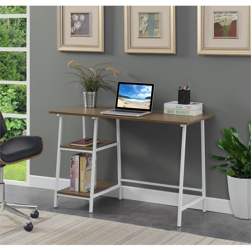 Pemberly Row Trestle Desk in Caramel Driftwood and White Metal Frame