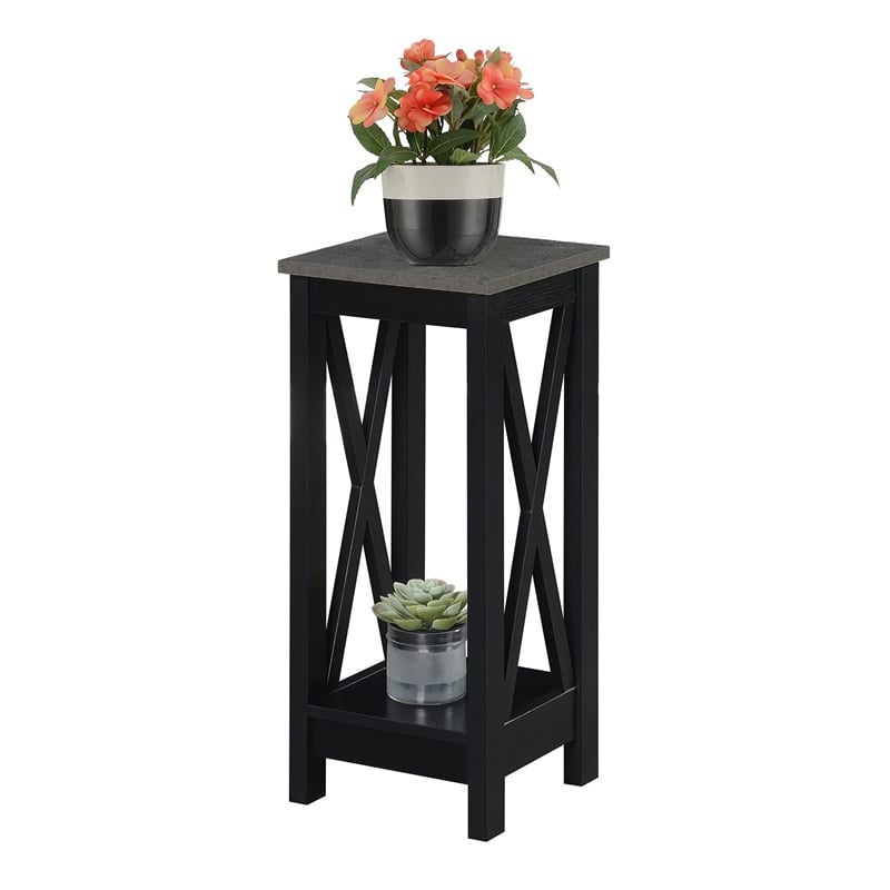 Pemberly Row Modern Plant Stand in Black Wood Finish with Gray Top