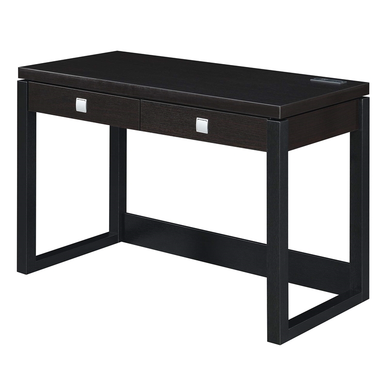 Pemberly Row Two-Drawer Desk with Charging Station in Black Wood